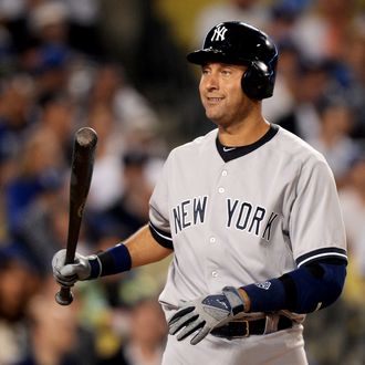 Derek Jeter #2 of the New York Yankees reacts during his at bat in the sixth inning against the Los Angeles Dodgers at Dodger Stadium on July 30, 2013 in Los Angeles, California. 