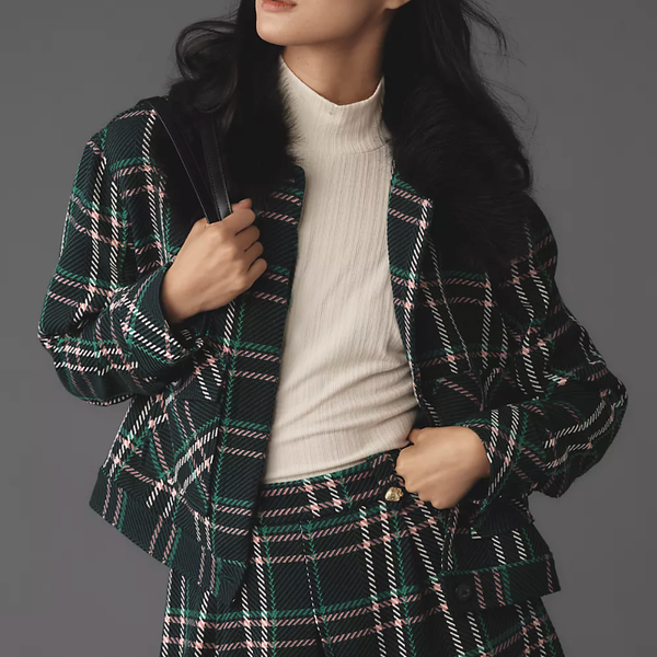 Maeve Plaid Crop Faux-Fur Collar Coat