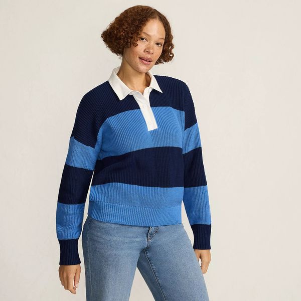 Lands' End Women's Drifter Rugby with Woven Collar Sweater