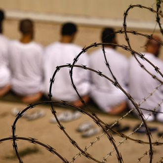 GUANTANAMO BAY, CUBA - OCTOBER 28: (EDITORS NOTE: Image has been reviewed by U.S. Military prior to transmission) A group of detainees kneels during an early morning Islamic prayer in their camp at the U.S. military prison for 