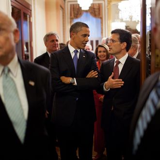 President Barack Obama talks with Rep. Eric Cantor, R-Va., prior to entering the House Chamber of the U.S. Capitol in Washington, D.C., for his address to a Joint Session of Congress to outline the American Jobs Act, Sept. 8, 2011. (Official White House Photo by Pete Souza)This official White House photograph is being made available only for publication by news organizations and/or for personal use printing by the subject(s) of the photograph. The photograph may not be manipulated in any way and may not be used in commercial or political materials, advertisements, emails, products, promotions that in any way suggests approval or endorsement of the President, the First Family, or the White House.