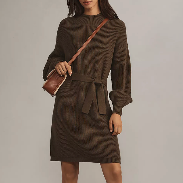 Maeve Long-Sleeve Mock-Neck Tie-Waist Mini Dress