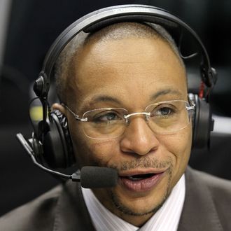 Big Ten Network announcer Gus Johnson calls the game between the Penn State Nittany Lions and the Indiana Hoosiers during the first round of the 2011 Big Ten Men's Basketball Tournament at Conseco Fieldhouse on March 10, 2011 in Indianapolis, Indiana.