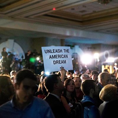 Attendees await U.S. Senator Rand Paul, a Republican from Kentucky, during during a rally to formally announce his presidential campaign at the Galt House hotel in Louisville, Kentucky, U.S., on Tuesday, April 7, 2015. Paul, 52, becomes the second Republican, and second freshman senator to join the 2016 presidential race. Photographer: Daniel Acker/Bloomberg via Getty Images