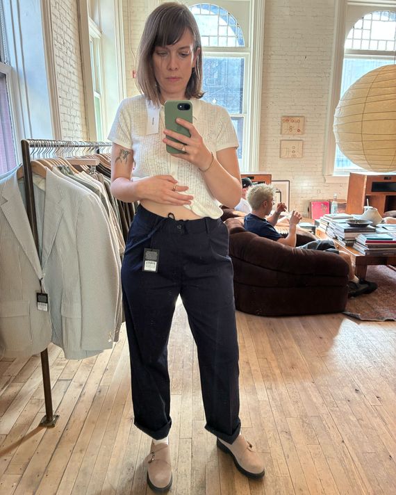 Photo of Strategist senior writer Liza Corsillo in Buck Mason's seersucker Romeo pants.