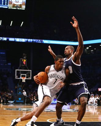 Joe Johnson #7 of the Brooklyn Nets drives against Serge Ibaka #9 of the Oklahoma City Thunder during their game at the Barclays Center on December 4, 2012 in the Brooklyn borough of New York City.