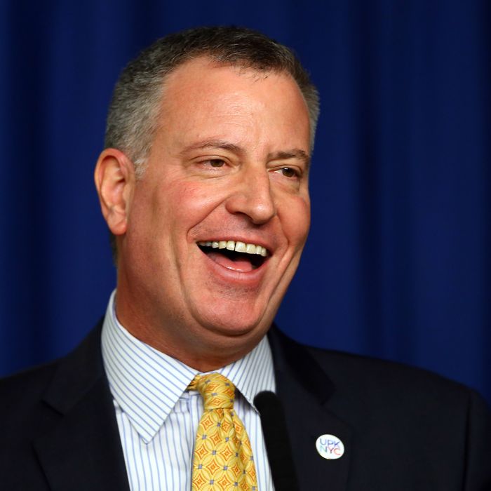 NEW YORK, NY - MARCH 31: New York Mayor Bill de Blasio answers questions during a press conference before Opening Day on March 31, 2014 at Citi Field in the Flushing neighborhood of the Queens borough of New York City. (Photo by Elsa/Getty Images)