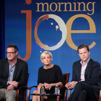 PASADENA, CA - JANUARY 07: (L-R) Host Joe Scarborough, co-hosts Mika Brzezinski, and Willie Geist speak onstage during the 'Morning Joe' panel during the NBCUniversal portion of the 2012 Winter TCA Tour at The Langham Huntington Hotel and Spa on January 7, 2012 in Pasadena, California. (Photo by Frederick M. Brown/Getty Images)