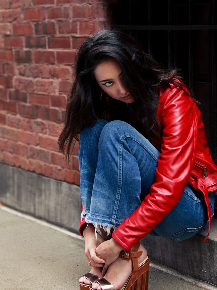 red leather jacket with white stripes