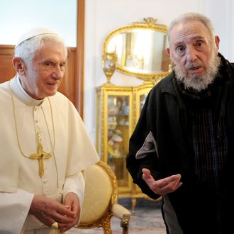 Pope Benedict XVI meets with former Cuban President Fidel Castro (R) at the Vatican embassy on March 29, 2012 in Havana, Cuba. The Pope is finishing up his first trip to Cuba, fourteen years after Pope John Paul II visited the communist country.
