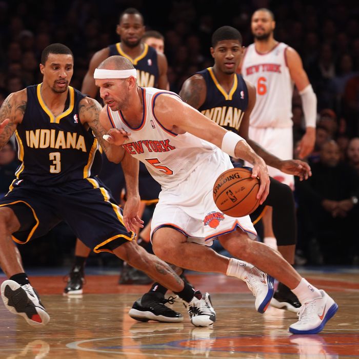 Jason Kidd #5 of the New York Knicks dribbles the ball against the Indiana Pacers at Madison Square Garden on November 18, 2012 in New York City.