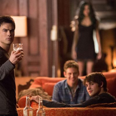 The Vampire Diaries -- “500 Years of Solitude” -- Image Number: VD511b_0186r.jpg -- Pictured (L-R): Ian Somerhalder as Damon, Zach Roerig as Matt, Nina Dobrev as Katherine, Steven R. McQueen as Jeremy and Kat Graham as Bonnie.