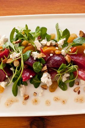 Westfield Farm Capri Chevre, Bobby Sue’s Nuts, Golden Raisins, and Miso Dressing.