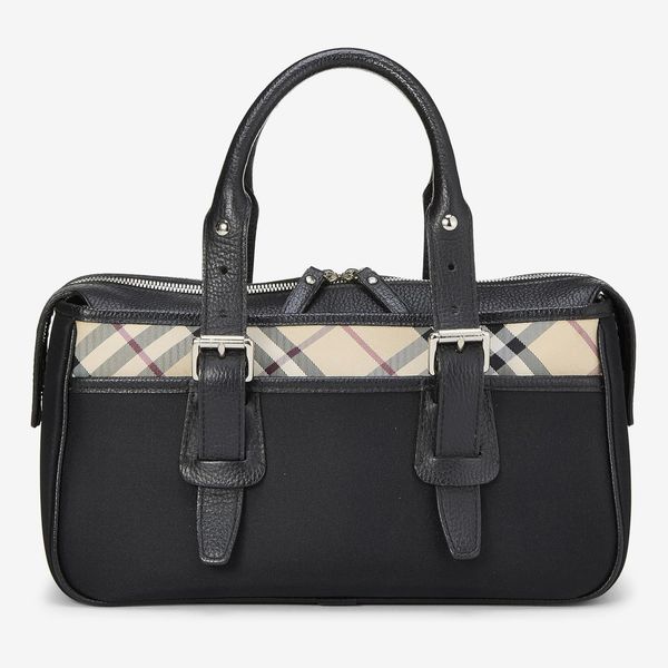 BURBERRY Pre-loved Black Nylon Check Satchel Handbag, Black