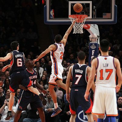 Landry Fields #2 of the New York Knicks in action against the Atlanta Hawks on February 22, 2012 at Madison Square Garden in New York City. The Knicks defeated the Hawks 99-82.