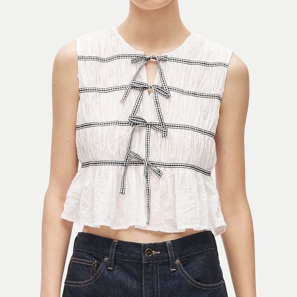 J.Crew Tie-Front Top in Gingham - White