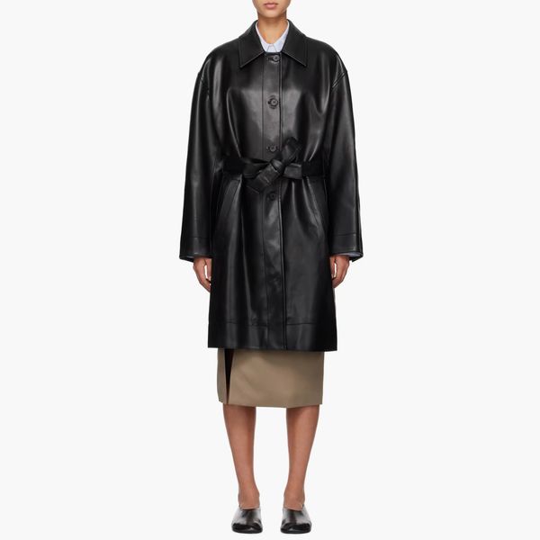 Low Classic Black Belted Faux-Leather Coat