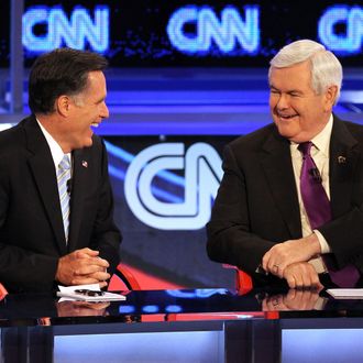 Republican presidential candidates former Massachusetts Gov. Mitt Romney (L) and former Speaker of the House Newt Gingrich participate in a debate sponsored by CNN and the Republican Party of Arizona at the Mesa Arts Center February 22, 2012 in Mesa, Arizona. The debate is the last one scheduled before voters head to the polls in Michigan and Arizona's primaries on February 28 and Super Tuesday on March 6.