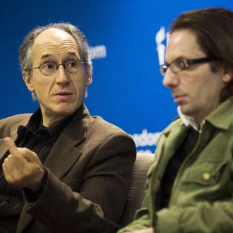 Charlie Hebdo's editor-in-chief, Gerard Biard(L) speaks as film critic, Jean-Baptiste Thoret, looks on at the Freedom House in Washington, DC, on May 1, 2015. AFP PHOTO/ ANDREW CABALLERO-REYNOLDS (Photo credit should read Andrew Caballero-Reynolds/AFP/Getty Images)