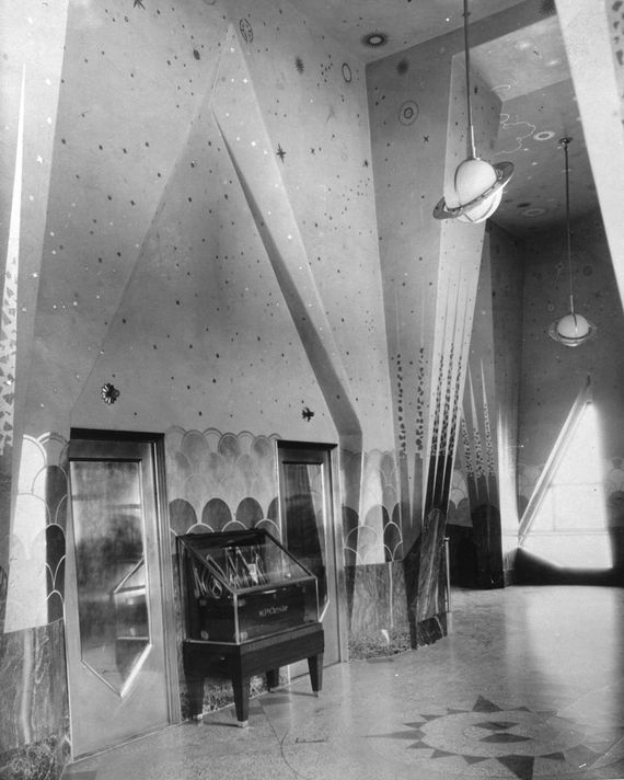 The 71st-floor observatory before it closed in 1945. That is Walter P. Chrysler's toolbox on display in the glass case by the elevators.