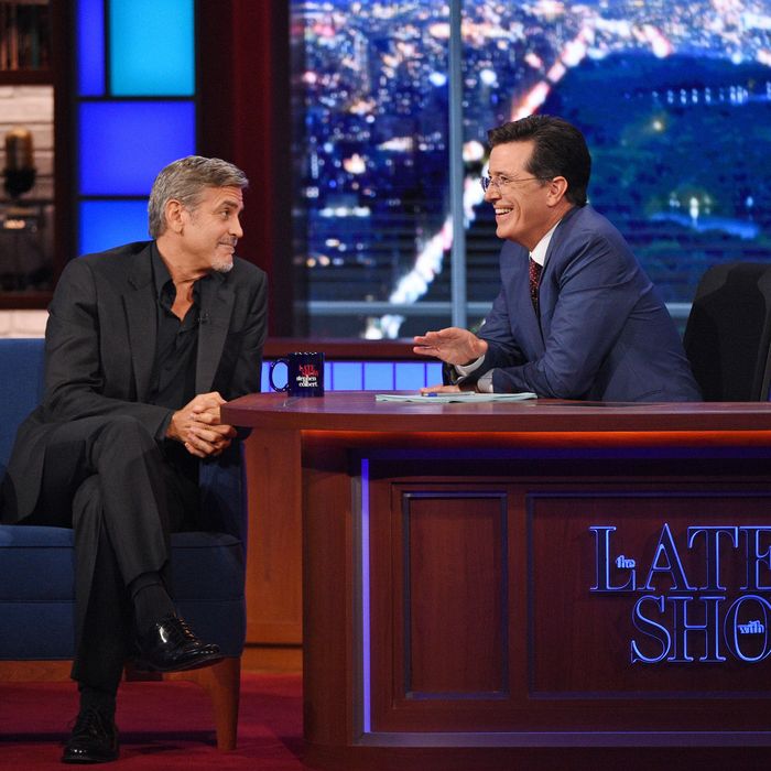 Actor George Clooney chats with Stephen on the premiere of The Late Show with Stephen Colbert, Tuesday Sept. 8, 2015 on the CBS Television Network. Photo: Jeffrey R. Staab/CBS ÃÂ©2015 CBS Broadcasting Inc. All Rights Reserved
