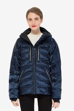 Orolay Women Shiny Quilted Down Jacket with Hood Short Sport Puffer Coat