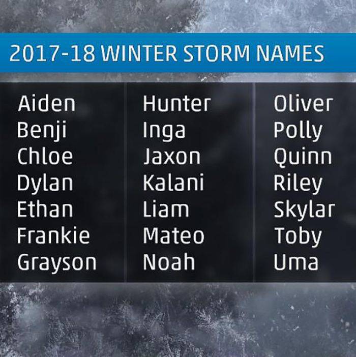 Winter Storm Names for 2018 Aidan, Noah, Chloe and More