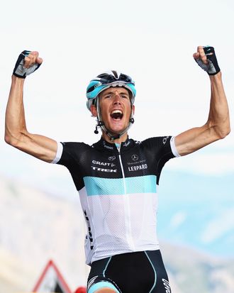 GALIBIER, FRANCE - JULY 21: Andy Schleck of Luxembourg and Team Leopard-Trek celebrates winning stage eighteen of the 2011 Tour de France from Pinerolo to Galibier Serre Chevalier on July 21, 2011 in Serre Chevalier, France. (Photo by Bryn Lennon/Getty Images)