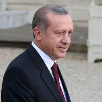 President Recep Tayyip Erdogan of Turkey meets French President Francois Hollande at the Elysee Palace in Paris to discuss the crisis in Kobani Syria and the ISIS. 