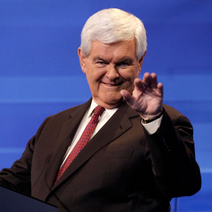 AMES, IA - AUGUST 11: Republican presidential candidate former House Speaker Newt Gingrich is pictured during a commercial break at the Iowa GOP/Fox News Debate on August 11, 2011 at the CY Stephens Auditorium in Ames, Iowa. This is the first Republican presidential debate in the state ahead of Saturday's all important Iowa Straw Poll. (Charlie Neibergall-Pool/Getty Images)