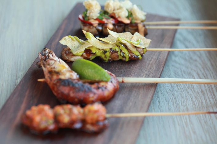 Anticuchos! Beef heart with ají panca, shrimp with adobo, chicken with fermented soybean, and char siu pork belly with spicy mayo.