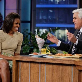 THE TONIGHT SHOW WITH JAY LENO -- Episode 4188 -- Pictured: (l-r) First Lady Michelle Obama during an interview with host Jay Leno on January 31, 2012.