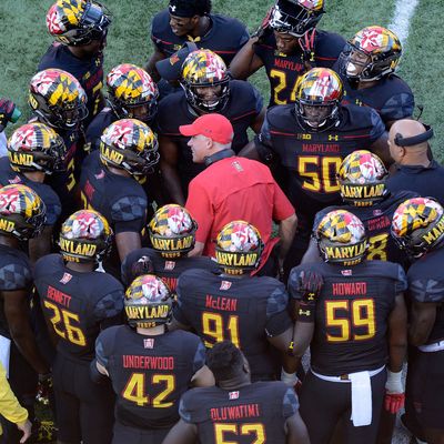 COLLEGE PARK, MD - OCTOBER 14: Head Coach DJ Durkin of the Maryland Terrapins talks to his team during the game against the Northwestern Wildcats on October 14, 2017 in College Park, Maryland.