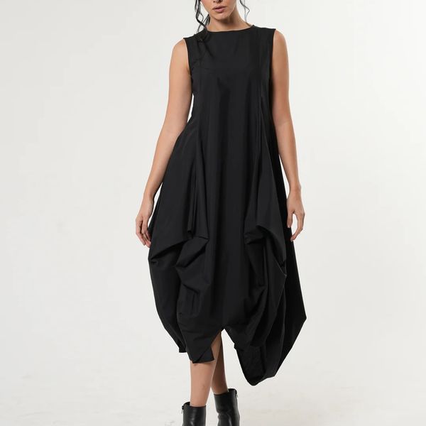 Metamorphoza Sleeveless Black Dress With Drapings