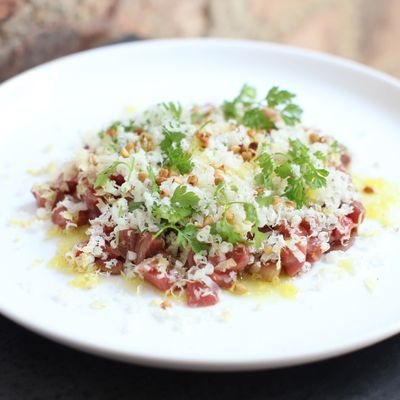 Wildair's beef tartare with smoked Cheddar and chestnuts.