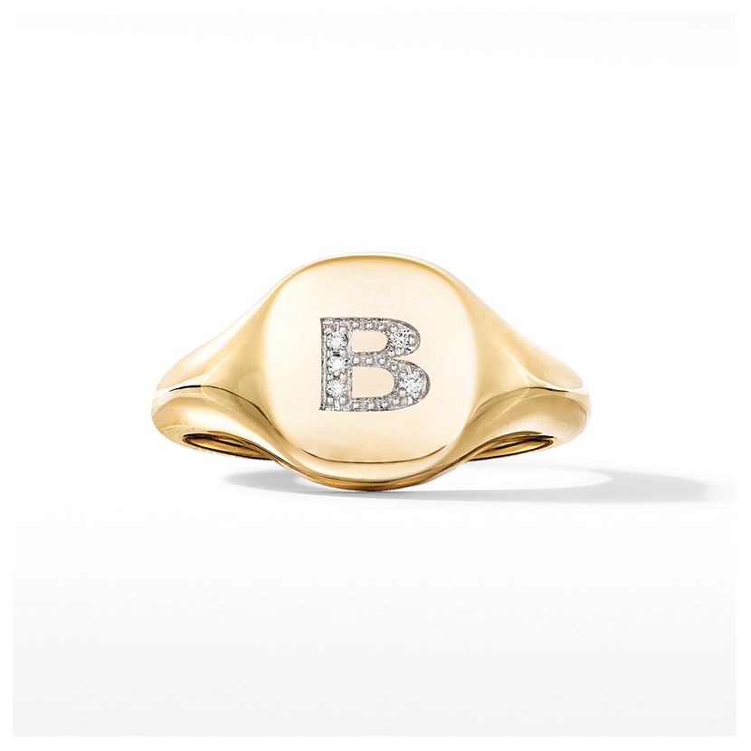 Mini DY Initial Pinky Ring in 18K Yellow Gold with Diamonds