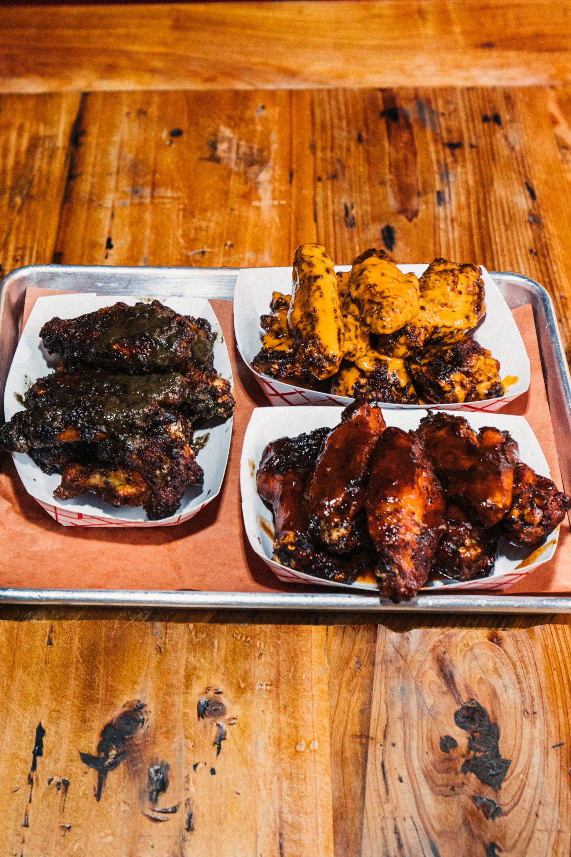 Smoked fried wings: buffalo, jerk, and bbq.