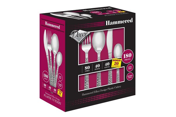 Posh Setting Hammered Effect Design Silver Plastic Cutlery 180-Piece Set