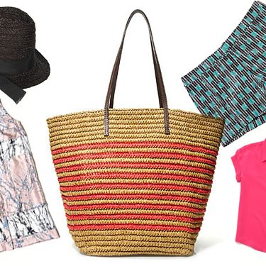 Clockwise from left: Black Fedora by Hat Attack Featuring Tuleste Market, Striped Farmers' Market Tote by J.Crew, Geometric Shorts by Gap, Paolo Top by Rebecca Minkoff, and Vanishing Splice Shirt Dress by ZIMMERMANN