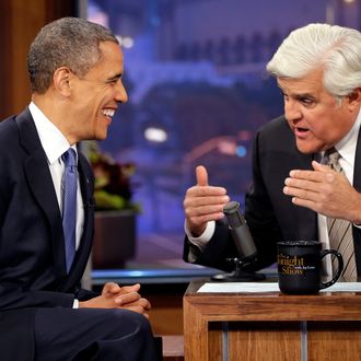 President Barack Obama talks with Jay Leno, right, during a commercial break during the taping of his appearance on NBC’s The Tonight Show with Jay Leno, Wednesday, Oct. 24, 2012, in Burbank, Calif. (AP Photo/Pablo Martinez Monsivais)