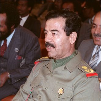 Iraqi President Saddam Hussein 10 November 1987 in Amman during a session of the emergency Arab summit. Saddam took the number two job under president Ahamd Hassan al-Bakr, began purging the army of non-Baathist officers, ridding the political scene of Kurds and communists. When Bakr stepped down, officially for health reasons, the stage was set for Saddam, who became president on 16 July 1979. Fearing the impact of Tehran's Islamic revolution on Iraq's majority Shiite Moslem population, Saddam launched a war against Iran in 1980 to defend 