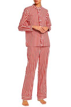 Yolke Ruffle-Trimmed Striped Cotton-Poplin Pajama Set