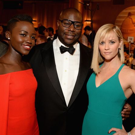 LOS ANGELES, CA - JANUARY 12: (L-R) Actress Lupita Nyong'o, director Steve McQueen and actress Reese Witherspoon with Moet & Chandon At The 71st Annual Golden Globe Awards at the Beverly Hilton Hotel on January 12, 2014 in Los Angeles, California. (Photo by Michael Kovac/Getty Images for Moet & Chandon)
