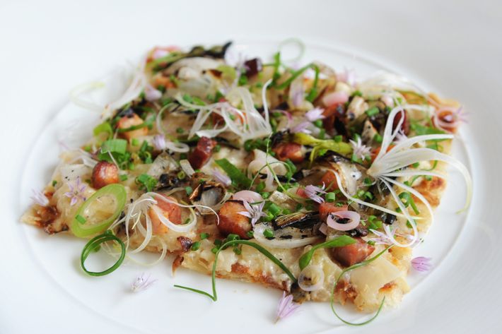 Spring-onion and bacon flatbread.