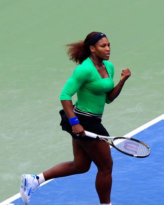 TORONTO, CANADA - AUGUST 14: Serena Williams celebrates winning a point during the final against Samantha Stosur of Australia on Day 7 of the Rogers Cup presented by National Bank at the Rexall Centre on August 14, 2011 in Toronto, Ontario, Canada. (Photo by Chris Trotman/Getty Images)