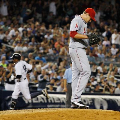 NEW YORK, NY - AUGUST 10: Garrett Richards #43 of the Los Angeles Angels of Anaheim reacts afyter giving up a homerun to Curtis Granderson #14 of the New York Yankees on August 10, 2011 at Yankee Stadium in the Bronx borough of New York City. (Photo by Mike Stobe/Getty Images)