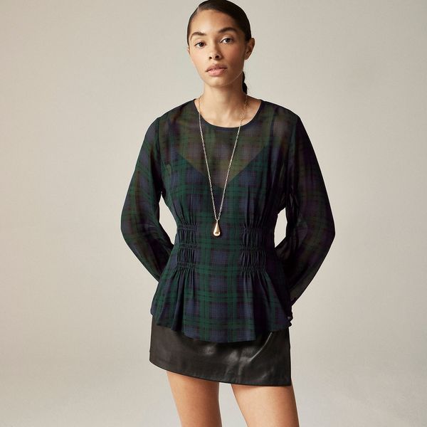 J.Crew Chiffon Shirred-Waist Top in Black Watch Tartan