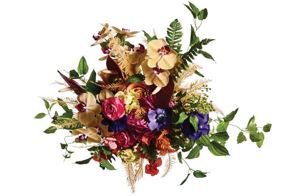 Anemone, peony, ranunculus, orchid, anthurium, celosia, fern, and passion flower vine