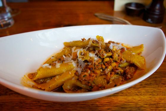 Saffron Garganelli With Harissa Sausage
Vin Antico, San Rafael
881 Fourth Street
415.454.4492; $15/$19
One of the most welcome and flavorful surprises we had on our pasta tour was this delicious, ultra-bold bowl of pasta from chef Ed Vigil. He starts his sauce with an unconventional mirepoix of turnips, carrot, and celery root and layers in a dozen or so spices, as well as house-made harissa sausage and an herb-rich chicken jus. It's highly nontraditional, and wildly delicious.