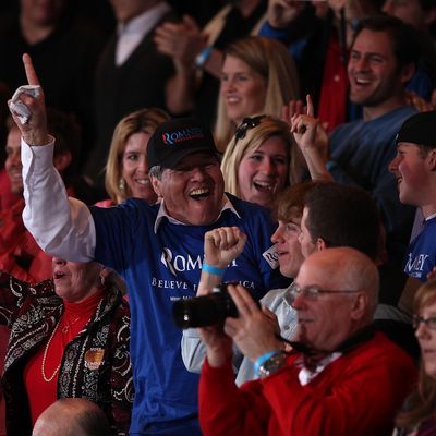 LAS VEGAS, NV - FEBRUARY 04: Supporters of Republican presidential candidate, former Massachusetts Gov. Mitt Romney celebrate during an election party at the Red Rock Casino February 4, 2012 in Las Vegas, Nevada. According to early results, Romney defeated former Speaker of the House Newt Gingrich, former U.S. Sen. Rick Santorum and U.S. Rep. Ron Paul (R-TX) to win the Nevada caucus. (Photo by Justin Sullivan/Getty Images)